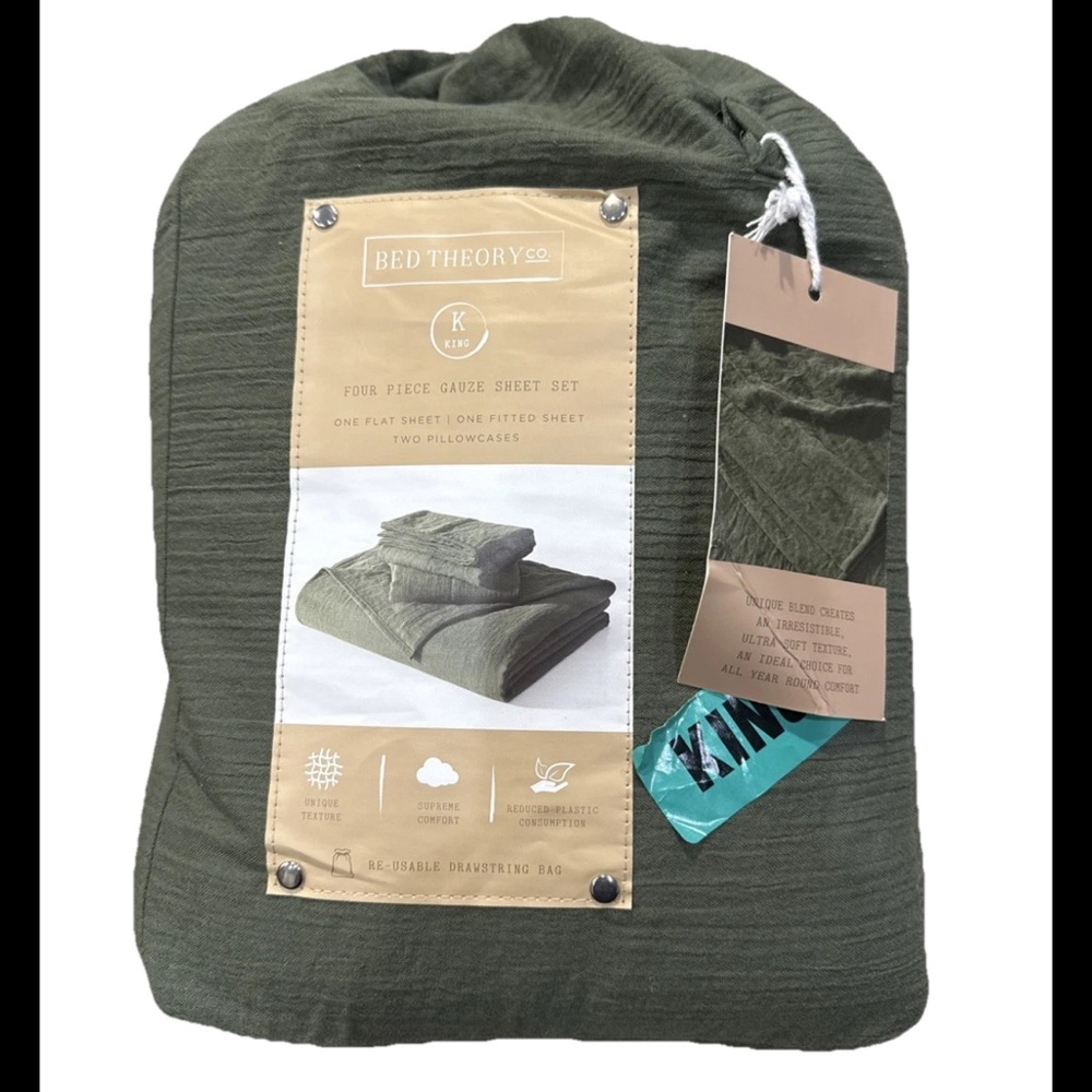 Bed Theory Co.4 Pc Gauze King Flax Pine Green Sheet Set Soft Unique Texture NWT